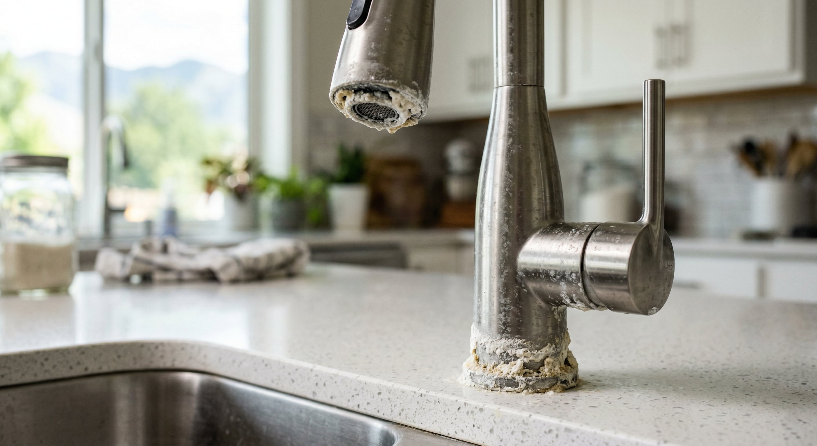 Hard water calcium scale buildup on kitchen faucet in Idaho Falls home