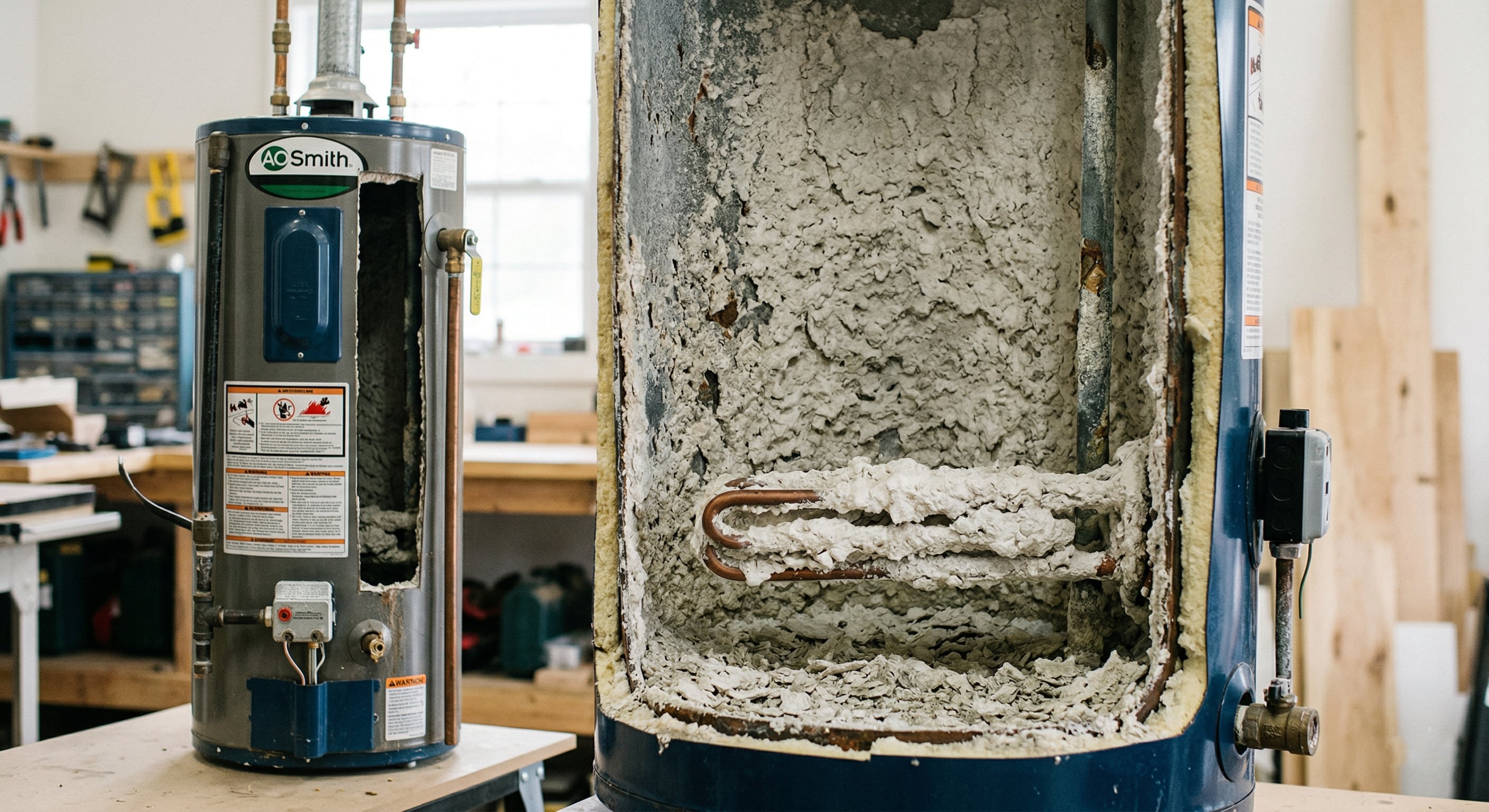 Cut-open water heater showing massive calcium scale buildup from Idaho hard water