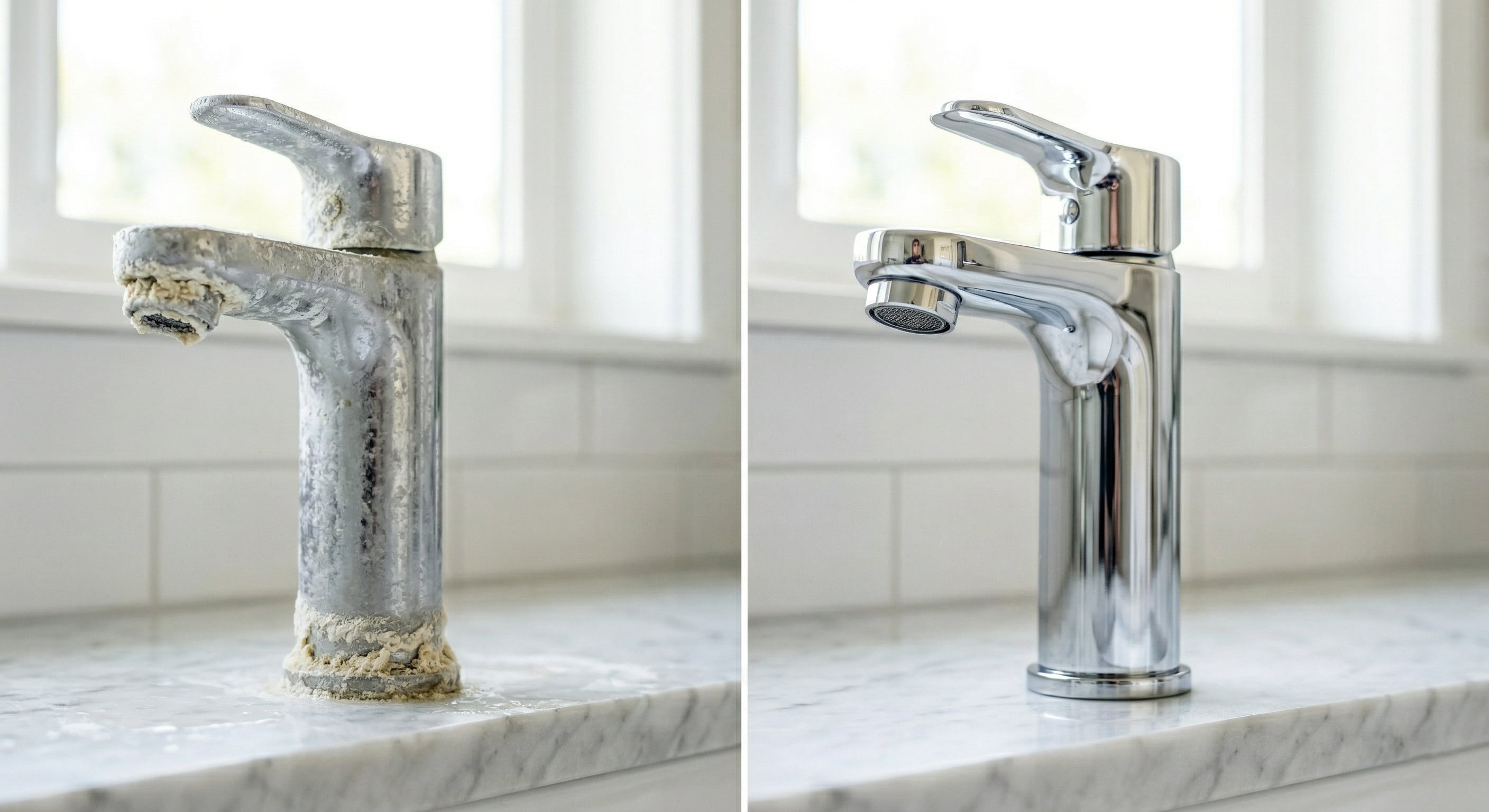 Before and after comparison: faucet with hard water scale damage versus clean faucet with soft water