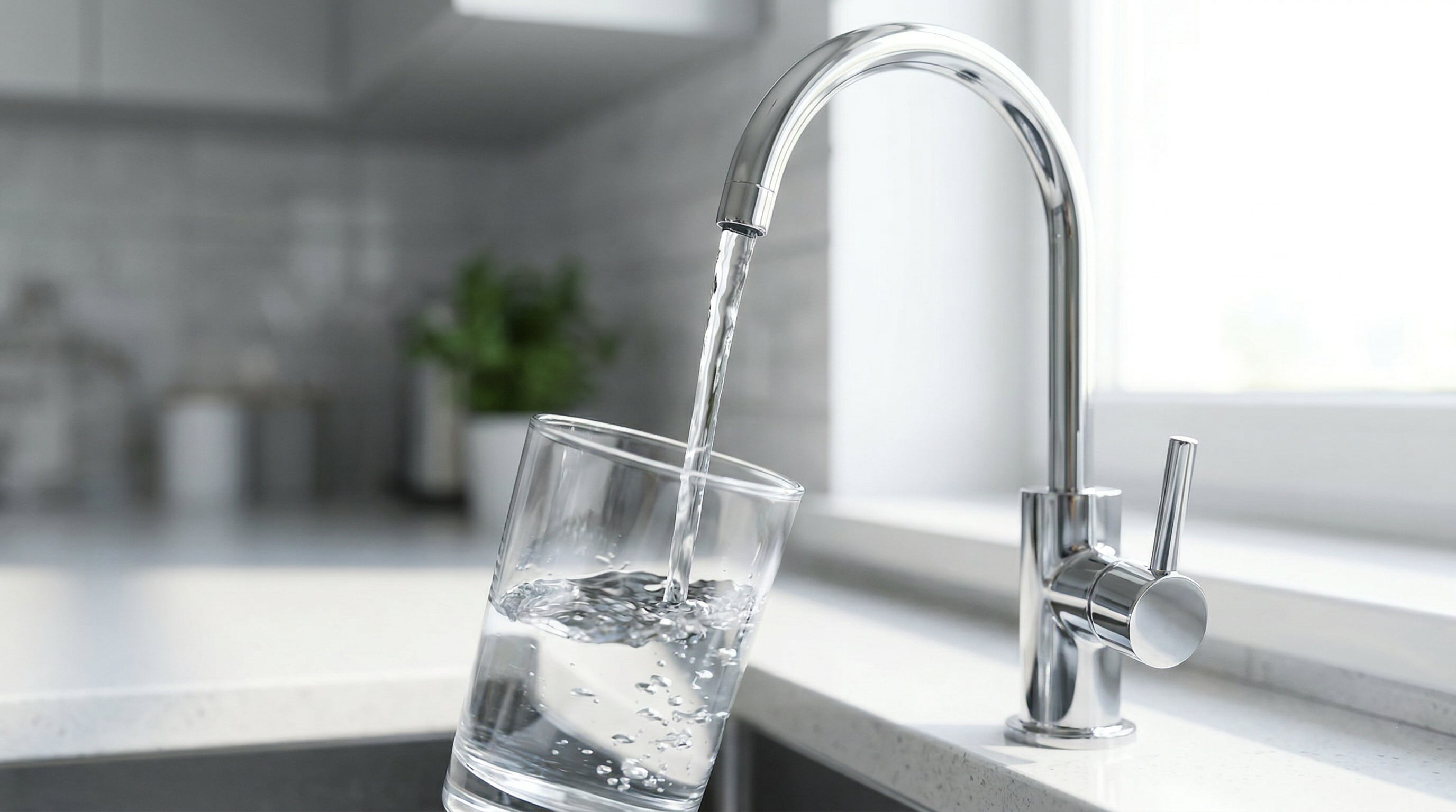 Reverse osmosis faucet dispensing clean purified water into a glass in an Idaho kitchen