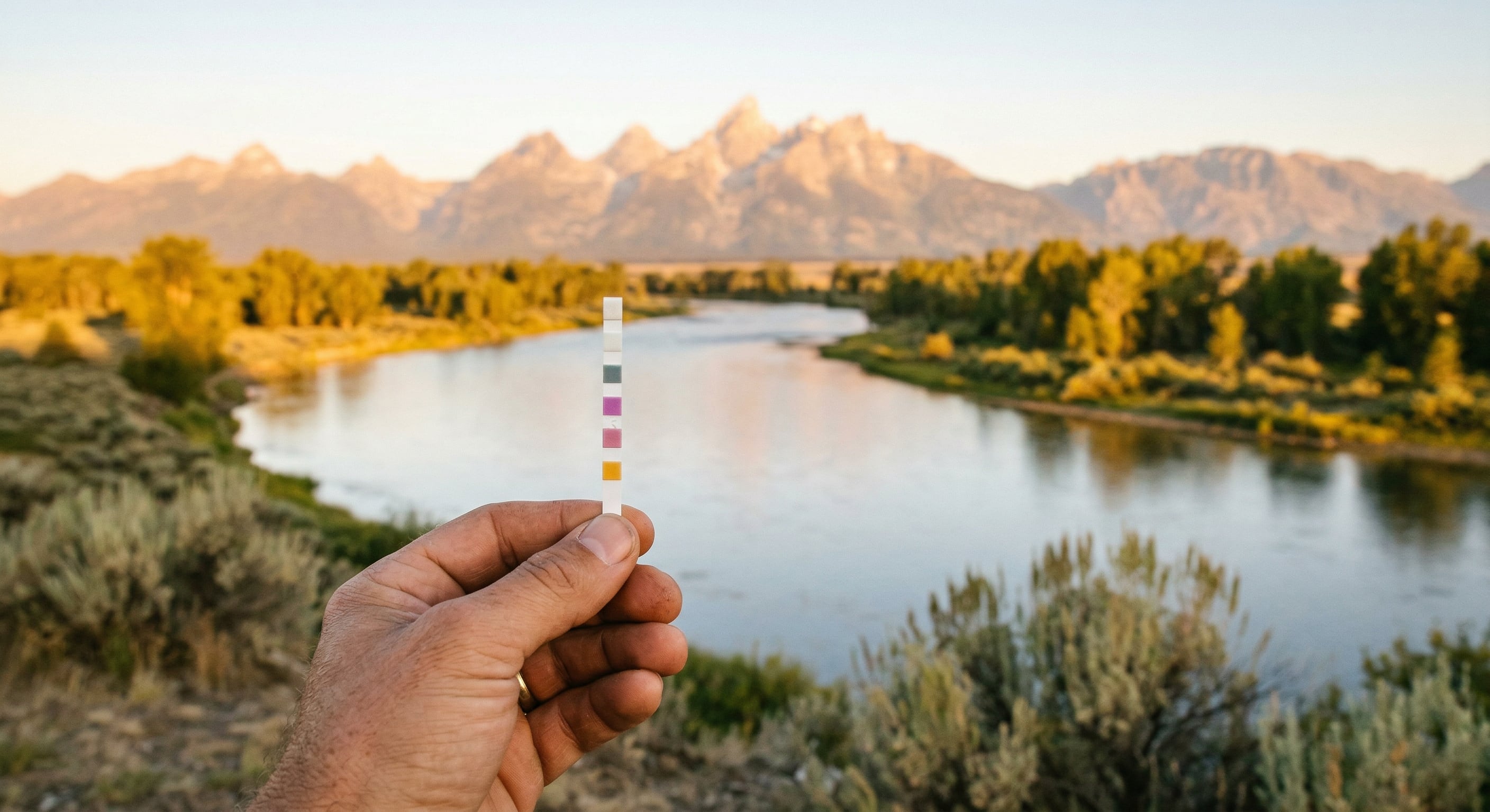 Water hardness test in front of Snake River and Teton Mountains