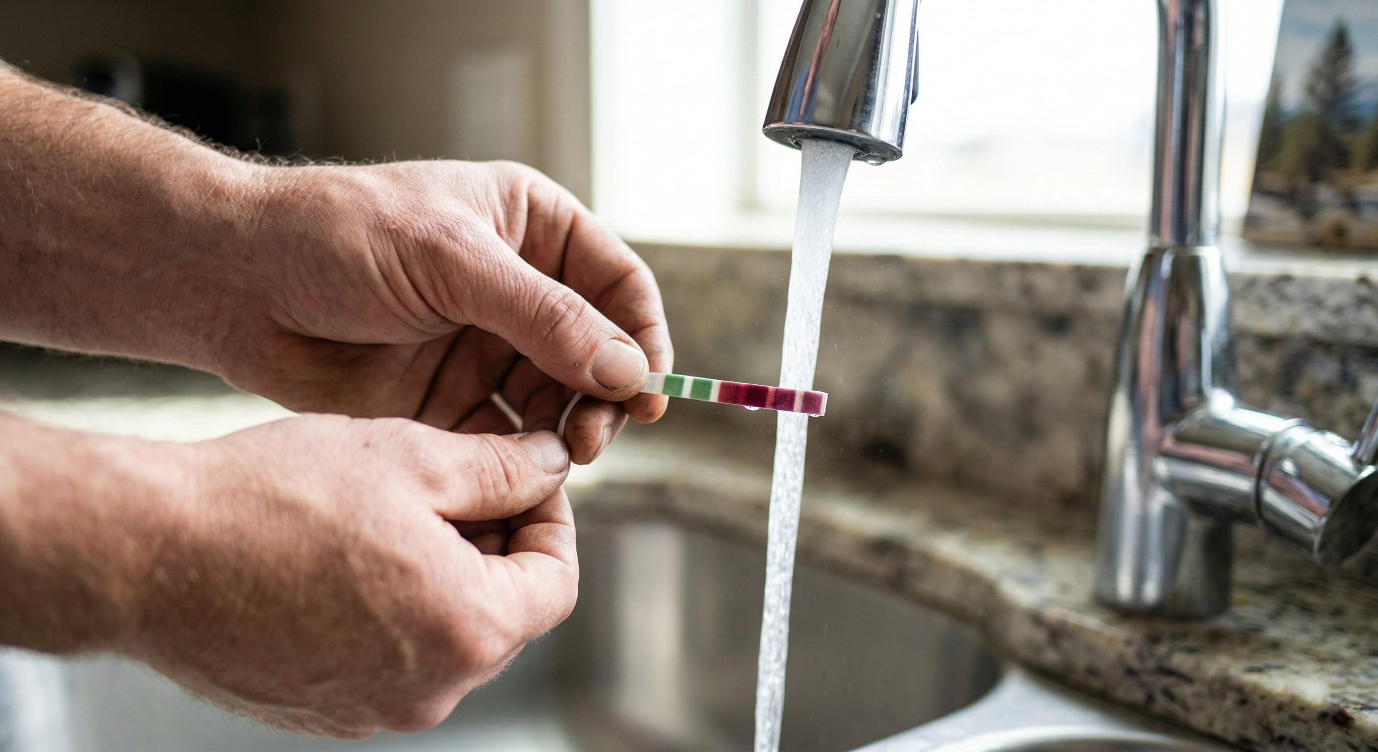 Water hardness test strip being held under running faucet water
