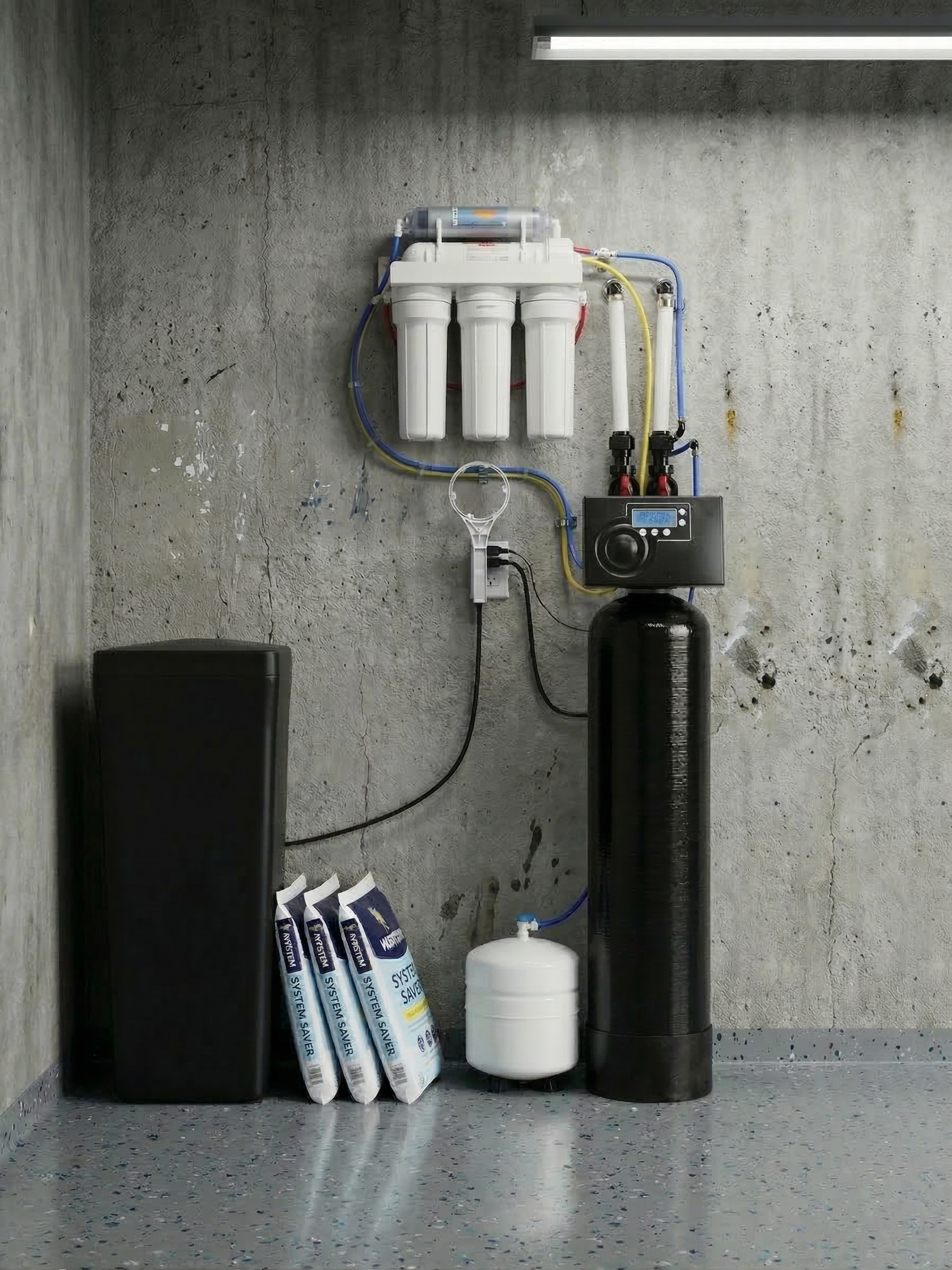 Complete water treatment setup — carbon filter, softener, and reverse osmosis installed together